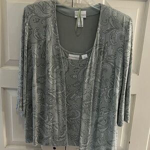 Chico's Sage green and silver Paisley Cardigan and Tank Set